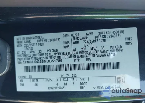 2022 Ford Escape Se z USA, uszkodzony, nr VIN 1FMCU9G66NUB51789